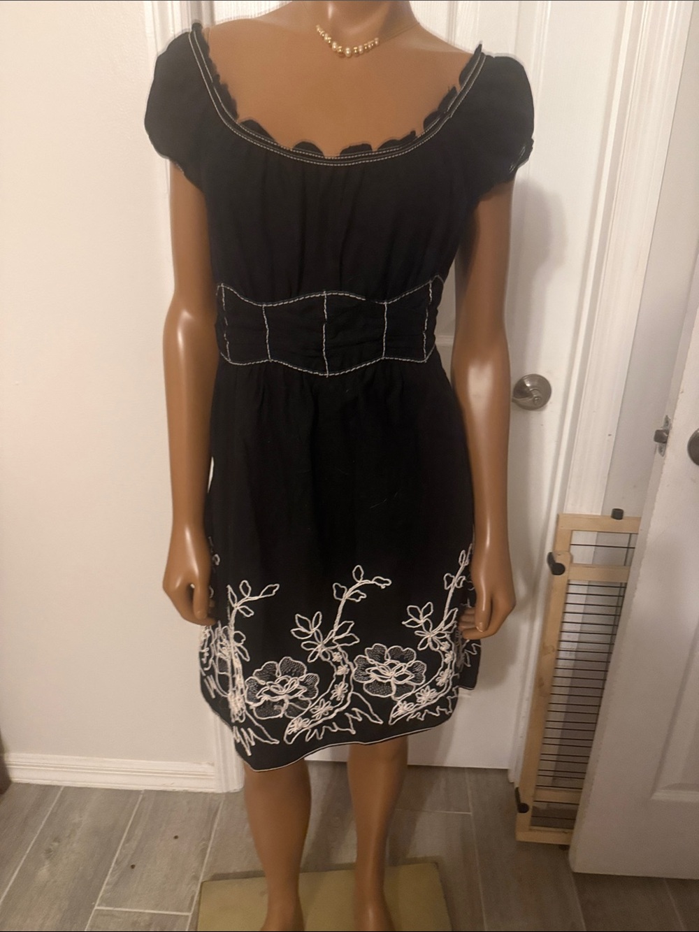 Max Studio Black Mini Dress with White Floral Embroidery